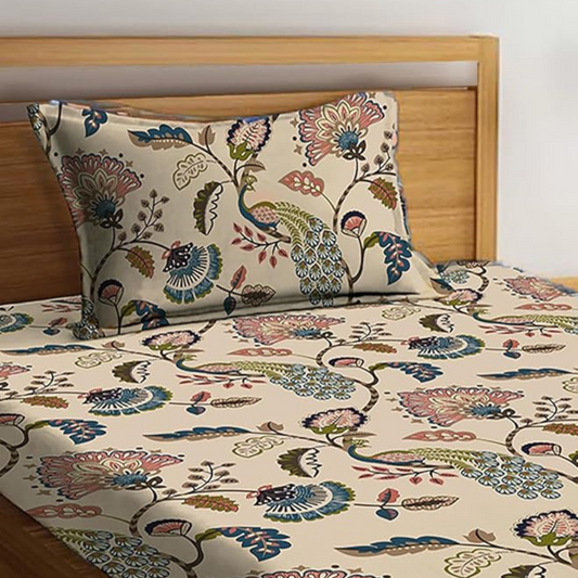 100% Cotton Mor Vatika Design Floral Printed King Size Bedhseet With Two Pillow Cover(100 X 108 In, Yellow)