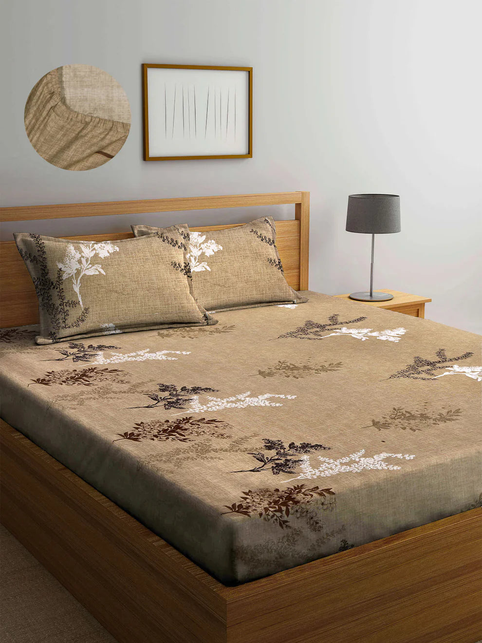 Brown Floral Cotton Blend King Size Fitted Bedsheet with 2 Pillow Covers
