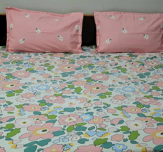 Premium glaze cotton Elastic Fitted King Size Bedsheet with 2 Pillow Covers