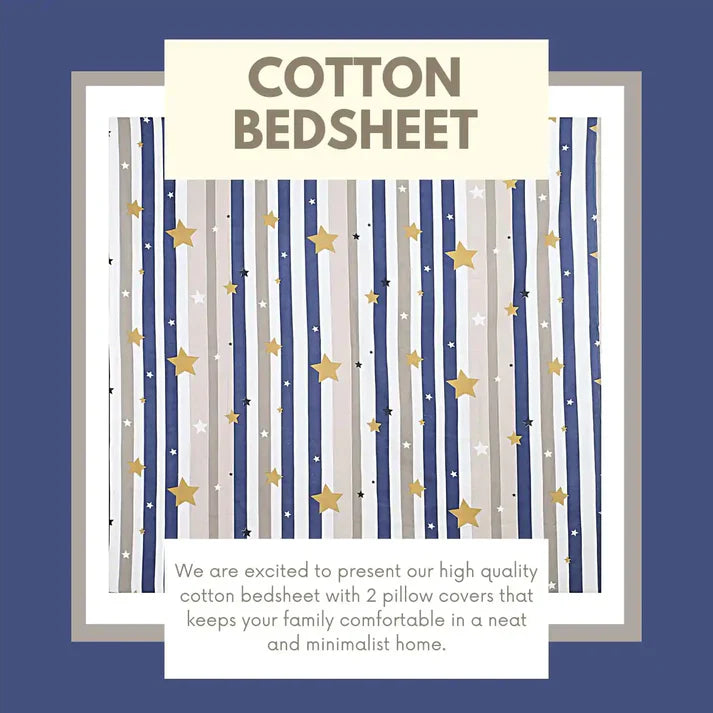 Starry Stripes Double Bed Bedsheet Fitted (Elastic) with 2 Pillow Covers