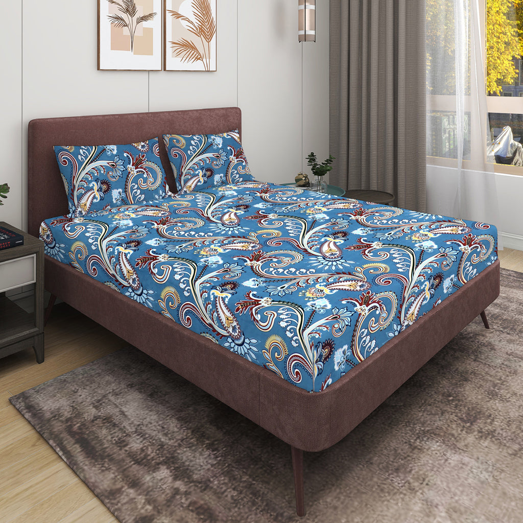 Blue Paisley Elastic Fitted Bedsheet with 2 Pillow Covers