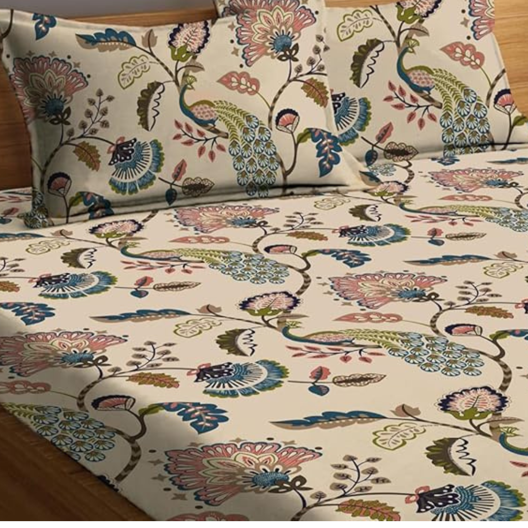 100% Cotton Mor Vatika Design Floral Printed King Size Bedhseet With Two Pillow Cover(100 X 108 In, Yellow)