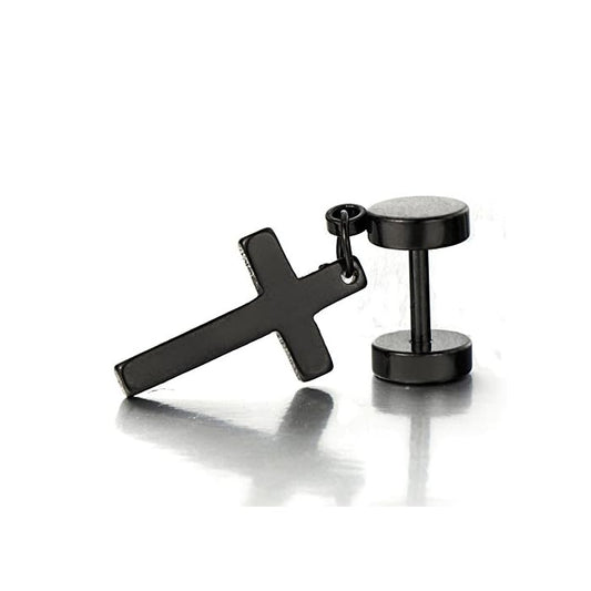 Black-Plated Barbell Cross Earring - Double-Sided Twisted Screw Dumbbell Stud Earrings for Men