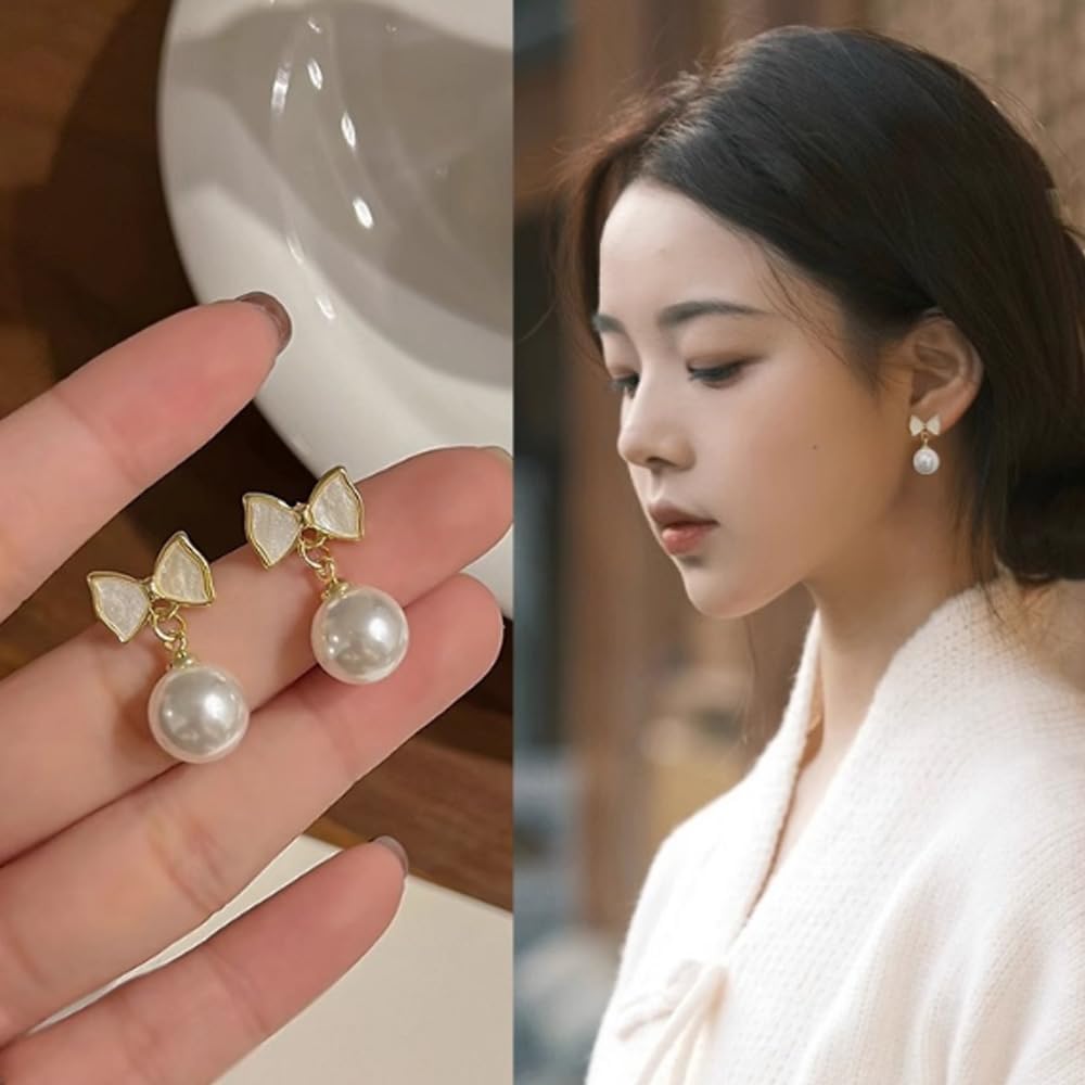 Women's pearl bow earrings