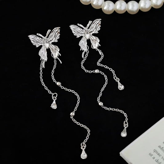 Elegant Silver Butterfly Drop Earrings