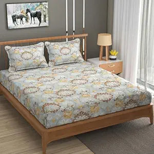 Beautiful Yellow Floral Elastic Fitted Double bed Bedsheet with 2 Pillow Covers