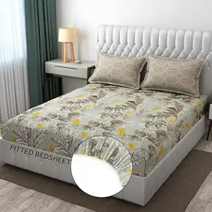 Taupe Grey Leaves King Size Bedsheets with 2 Large Pillow Covers