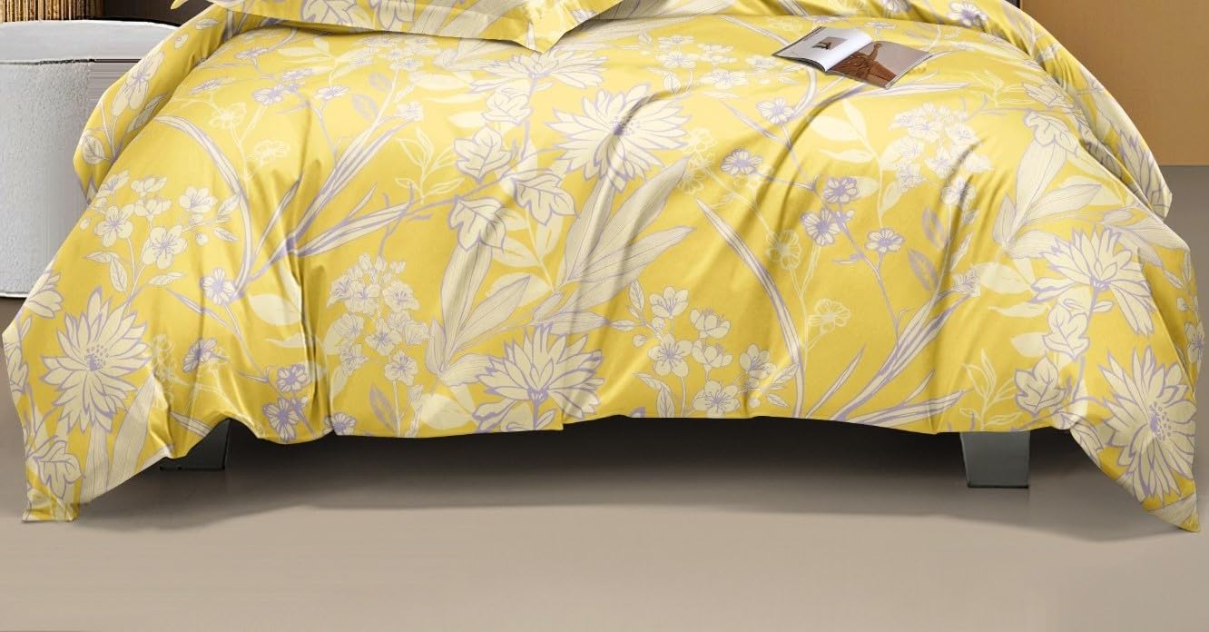 Premium Quality Yellow Floral King Size Double Bed Elastic Fitted Premium Bedsheet