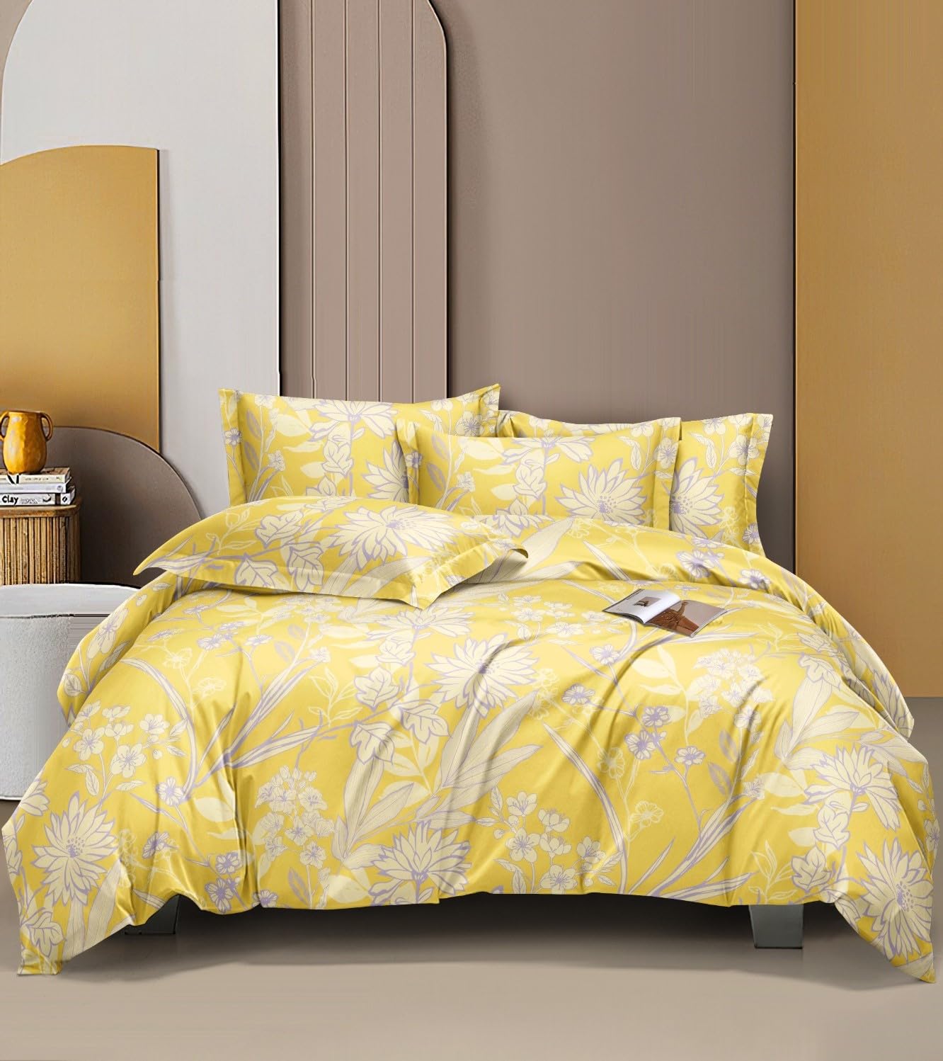 Premium Quality Yellow Floral King Size Double Bed Elastic Fitted Premium Bedsheet