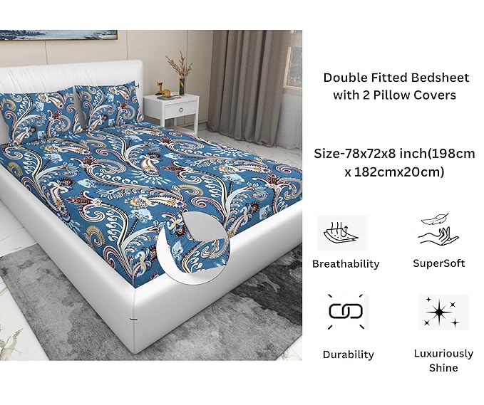 Blue Paisley Elastic Fitted Bedsheet with 2 Pillow Covers