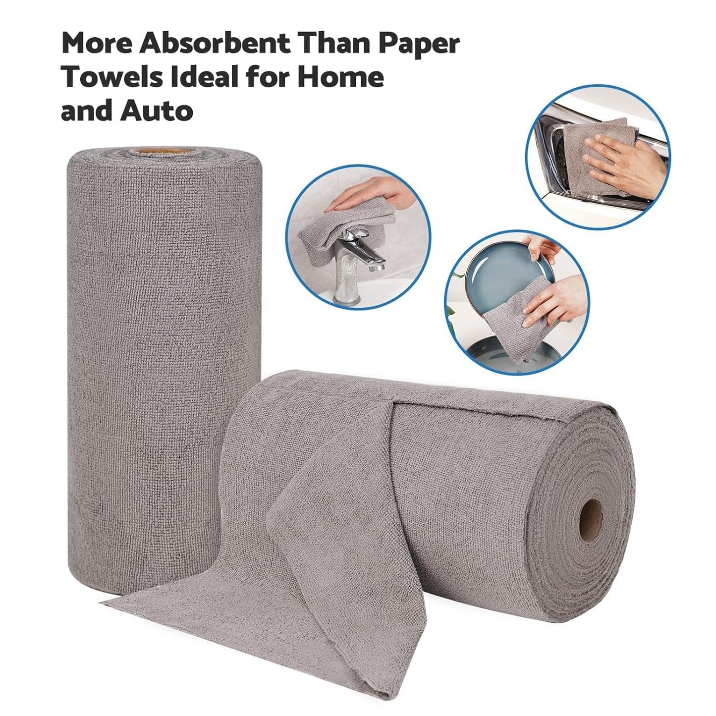 Reusable Cleaning Cloth Roll – 25 Tear-Away Washable Towels (12x12, Grey)