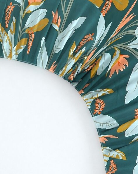 Queen Size Green Floral Double Bed Elastic Fitted Premium Bedsheet