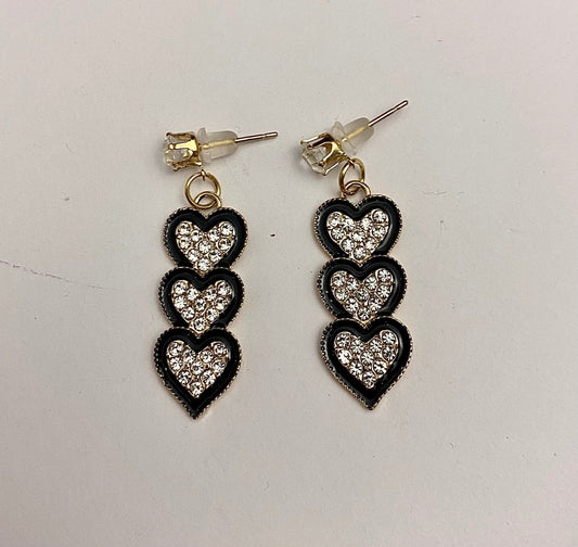 Black Triple Heart Korean Earrings