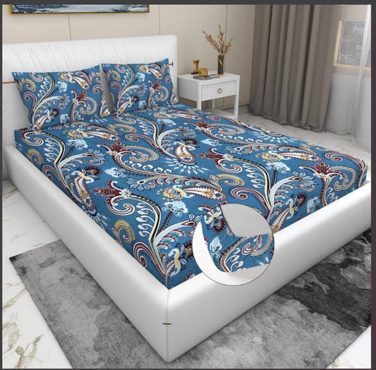 Blue Paisley Elastic Fitted Bedsheet with 2 Pillow Covers