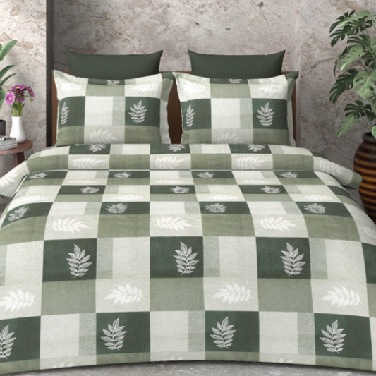 Beautiful Olive Green leaf pattern cotton double bed Bedsheet with 2 pillow covers