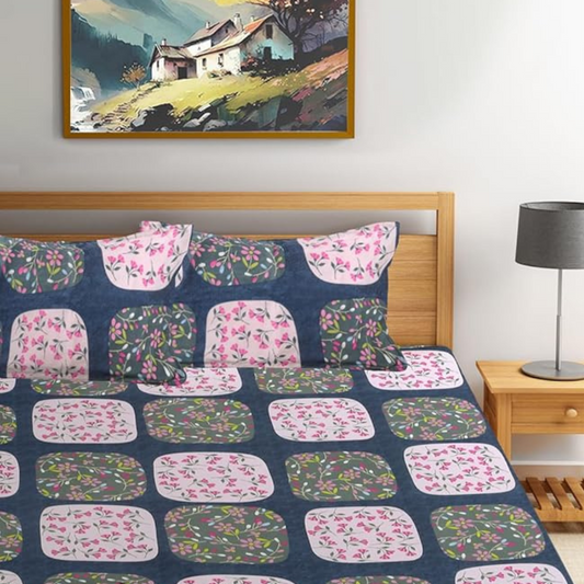Multicolor Geometric Cotton Blend Fitted (Elastic) Double Bedsheet with 2 Pillow Covers