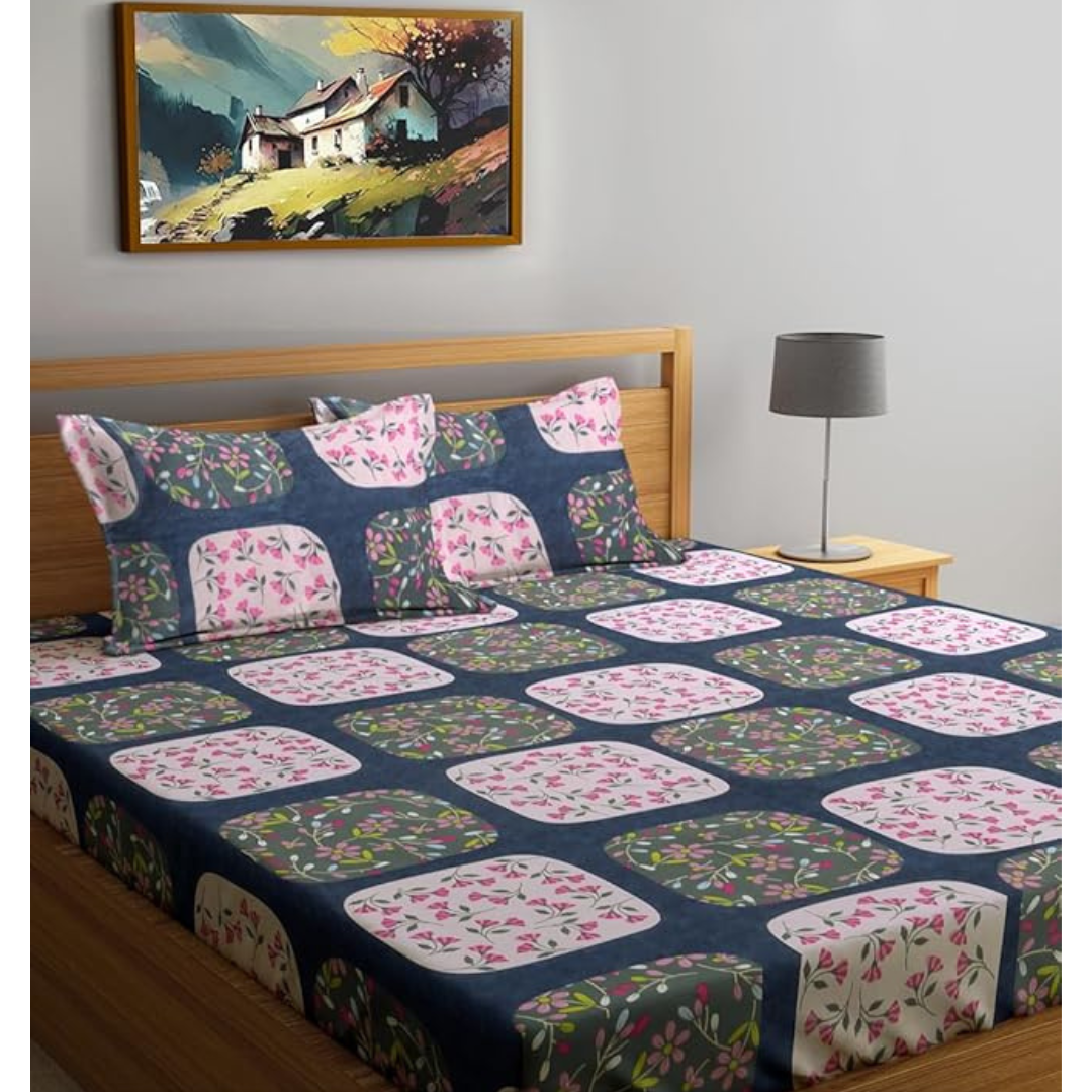 Multicolor Geometric Cotton Blend Fitted (Elastic) Double Bedsheet with 2 Pillow Covers