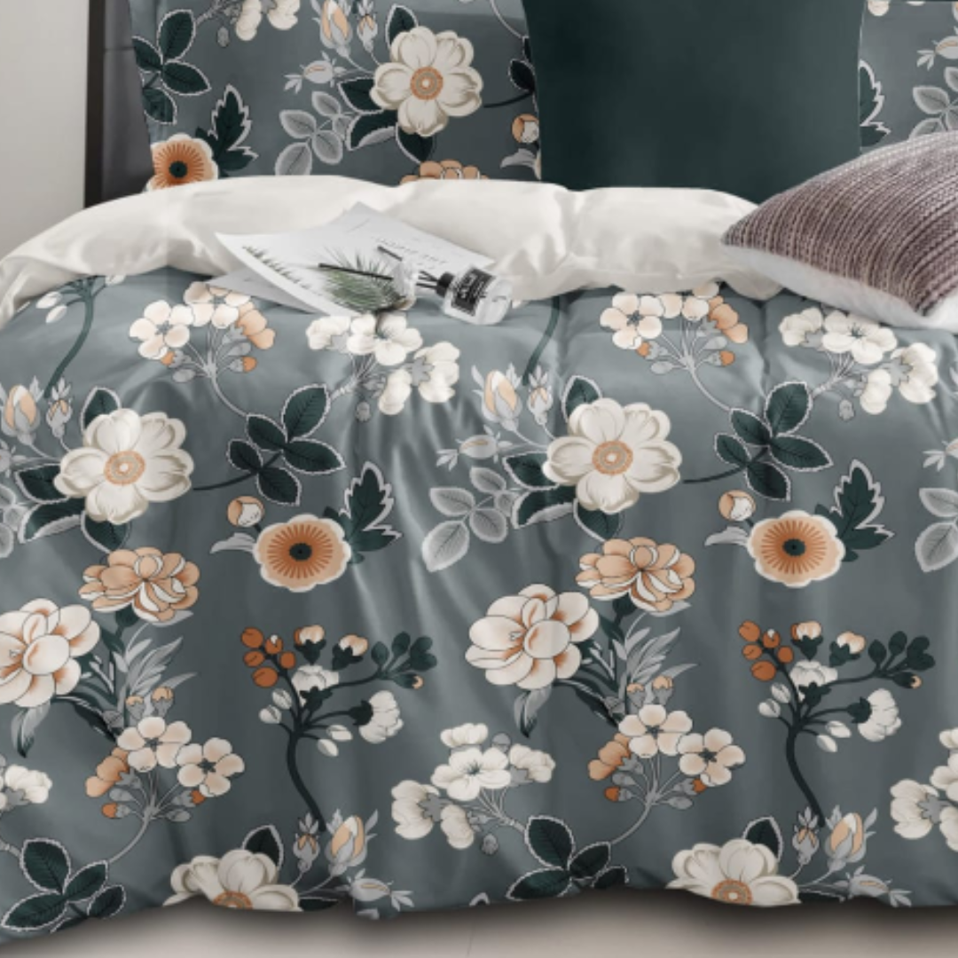Beautiful Grey floral Trending Cotton King Size Bedsheet Double Bed with 2 Pillow