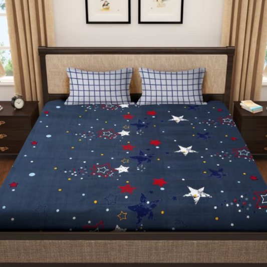 Blue Star Print King Size Bed Sheet Set with 2 Pillow Covers