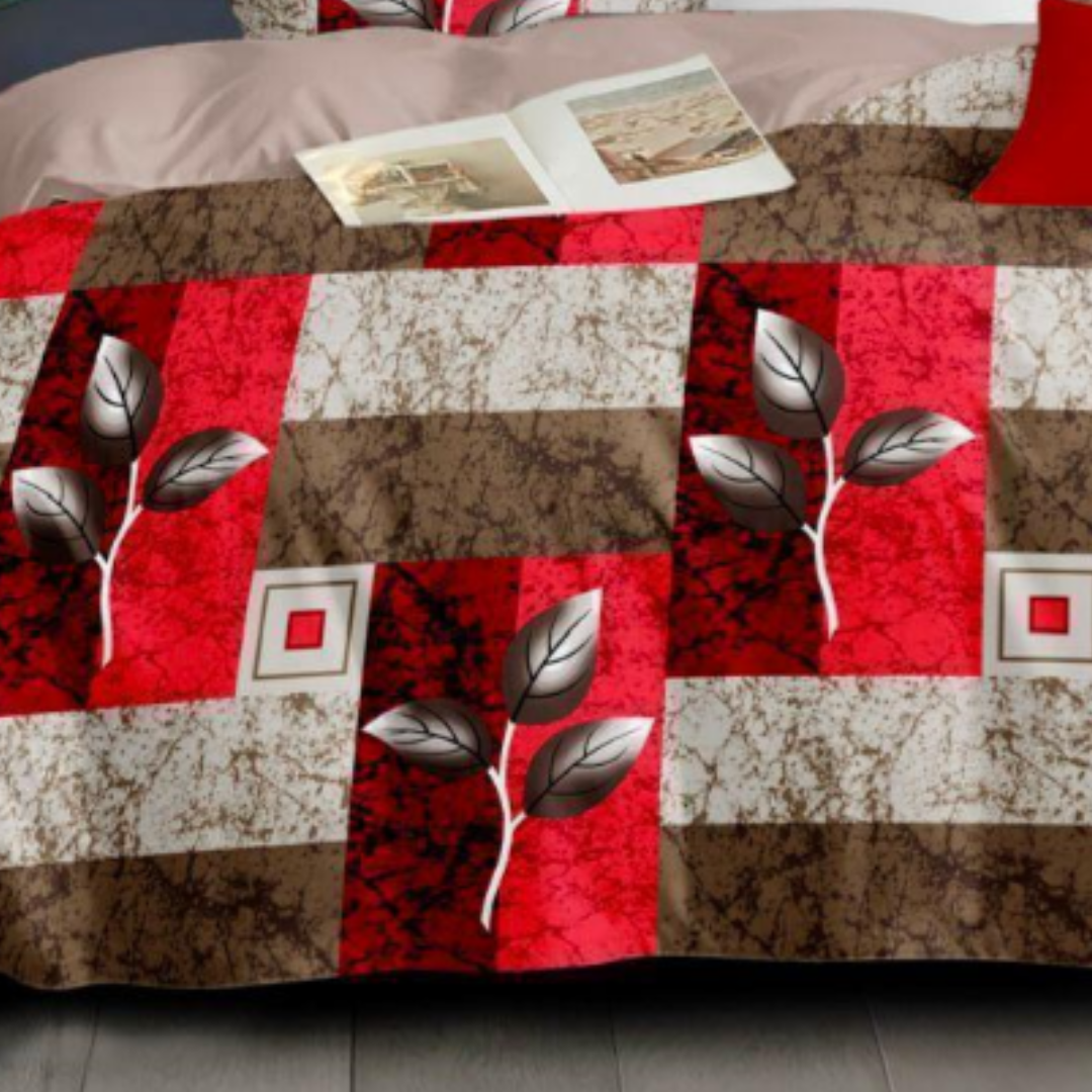 Elegant leaf design Checkered Double Bed Bedsheet with 2 Pillow covers