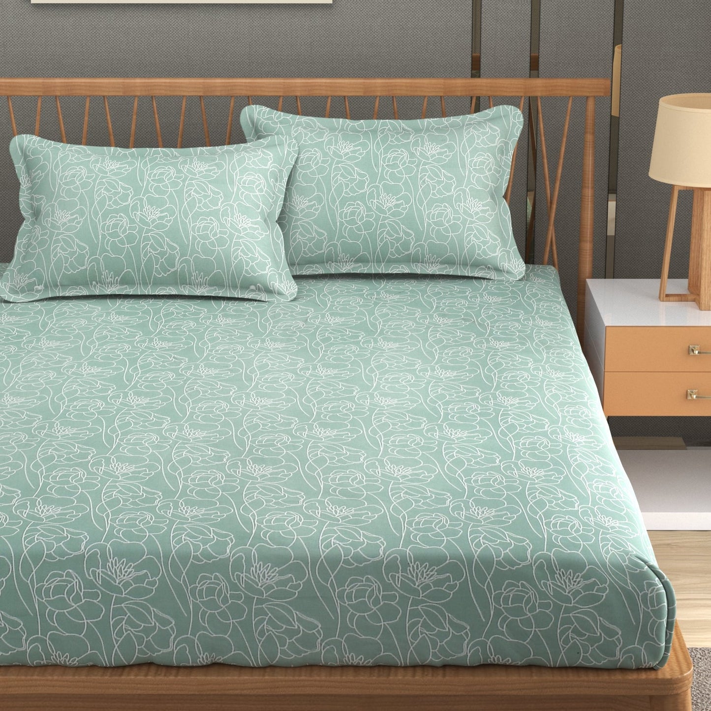 Botanical Pattern Elastic fitted Cotton Printed Bedsheet for Double Bed King Size Bedsheet with 2 Pillow Covers