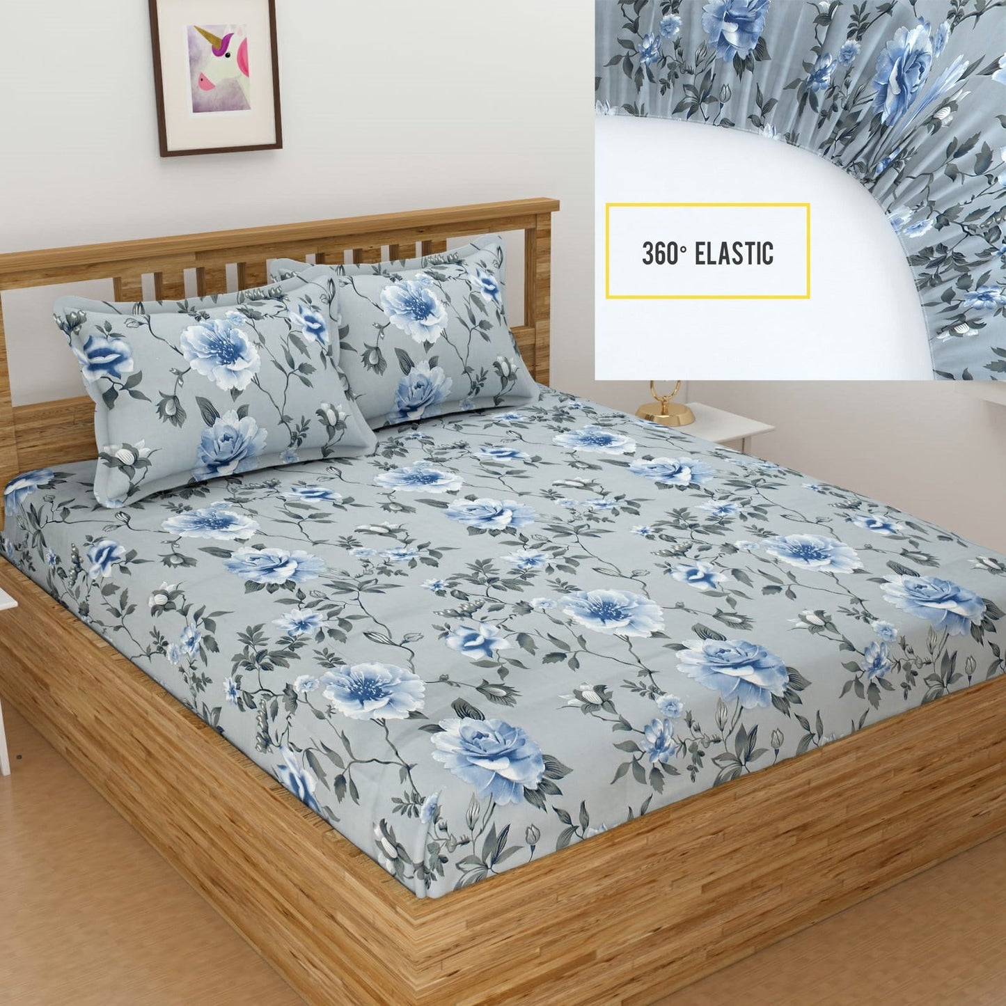 3D Floral Printed Elastic Fitted Bedsheet for Double Bedsheet with 2 Pillows Covers (Gray)