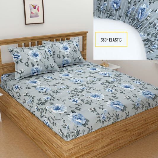 3D Floral Printed Elastic Fitted Bedsheet for Double Bedsheet with 2 Pillows Covers (Gray)