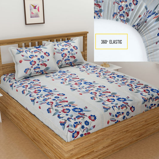 Multi Floral Elastic fitted Cotton Blend Double Size Bedsheet with 2 Pillow Cover