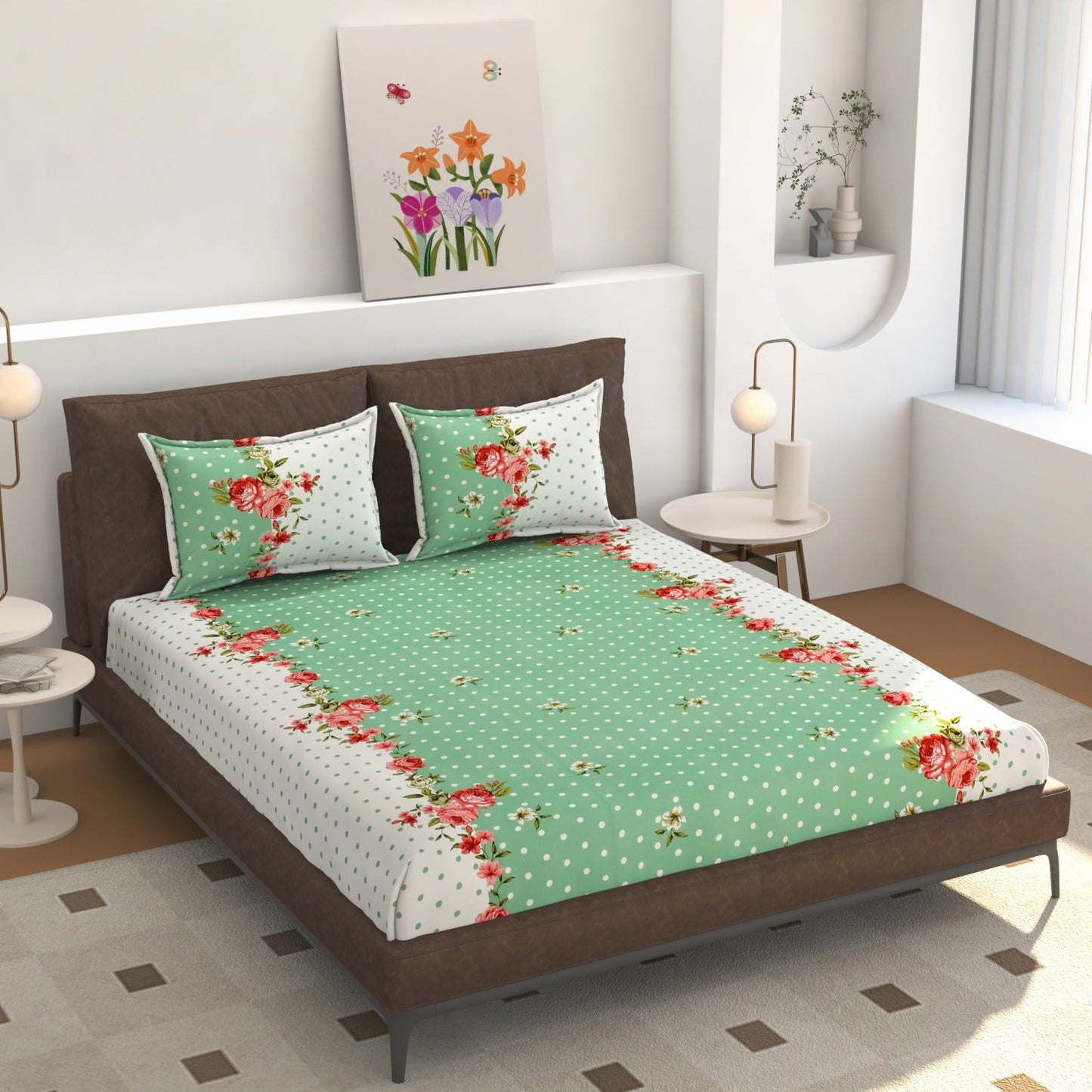 Floral Bliss Mint Green Elastic Fitted Bedsheet – 180 TC