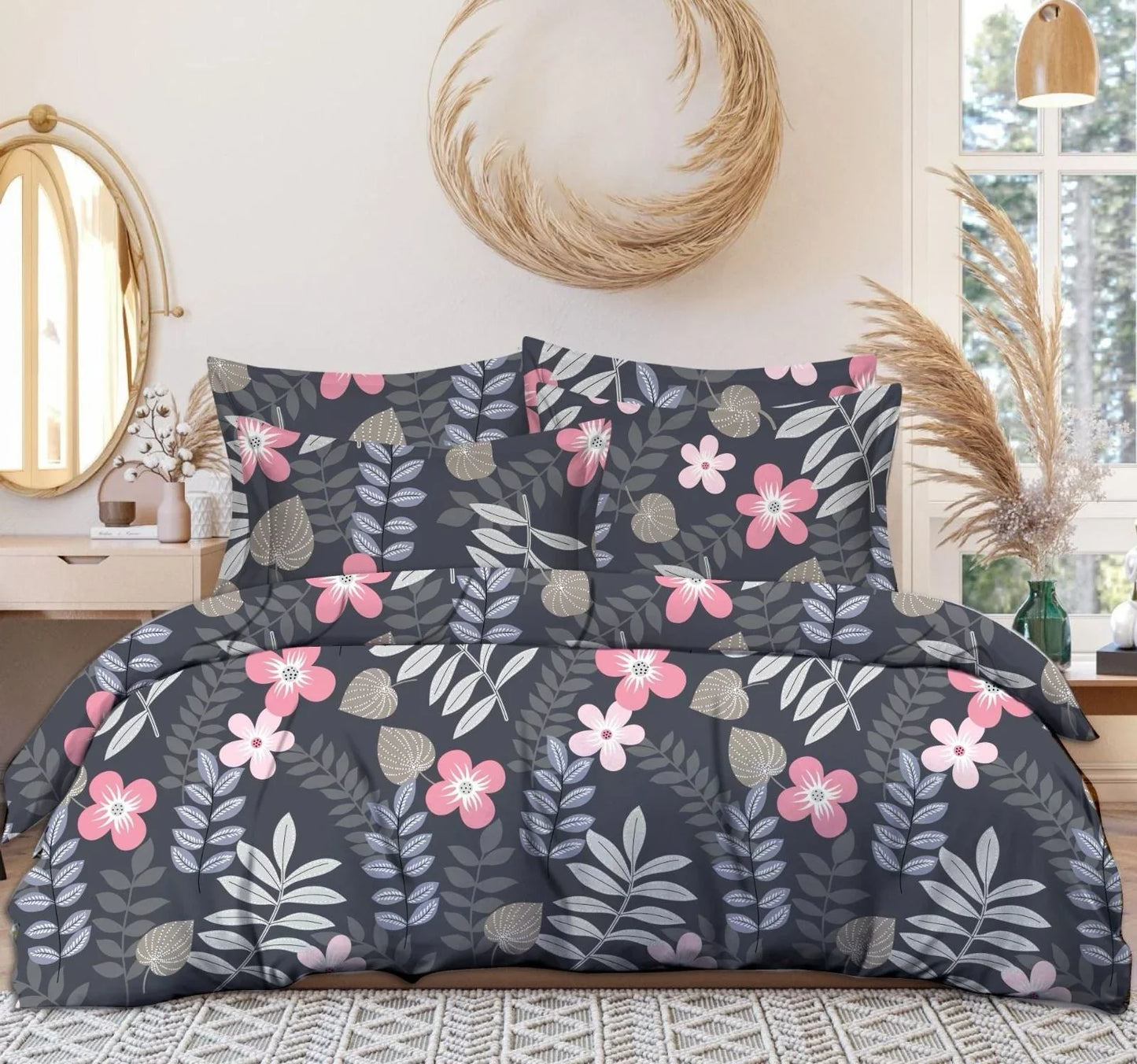 Multicolor Floral Cotton Blend Fitted (Elastic) Double Bedsheet with 2 Pillow Covers