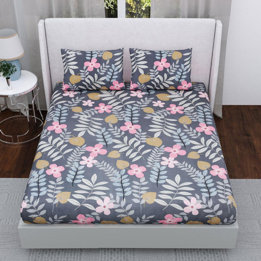 Multicolor Floral Cotton Blend Fitted (Elastic) Double Bedsheet with 2 Pillow Covers
