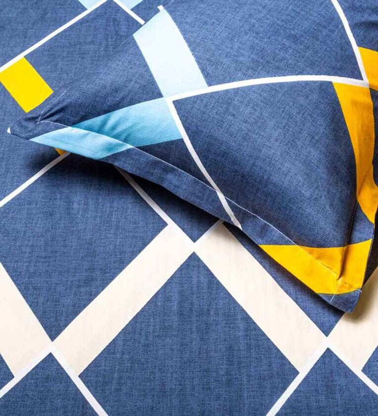 Navy Blue Geometric Elastic fitted Bedsheet with 2 Pillow Covers