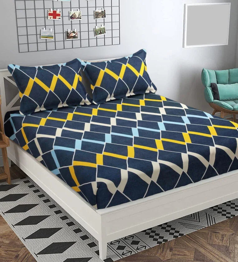 Navy Blue Geometric Elastic fitted Bedsheet with 2 Pillow Covers