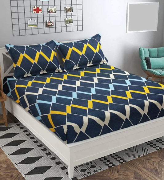 Navy Blue Geometric Elastic fitted Bedsheet with 2 Pillow Covers