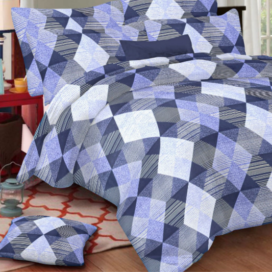 Blue & white Geometric pattern cotton Double Bed Bedsheet with 2 Pillow covers