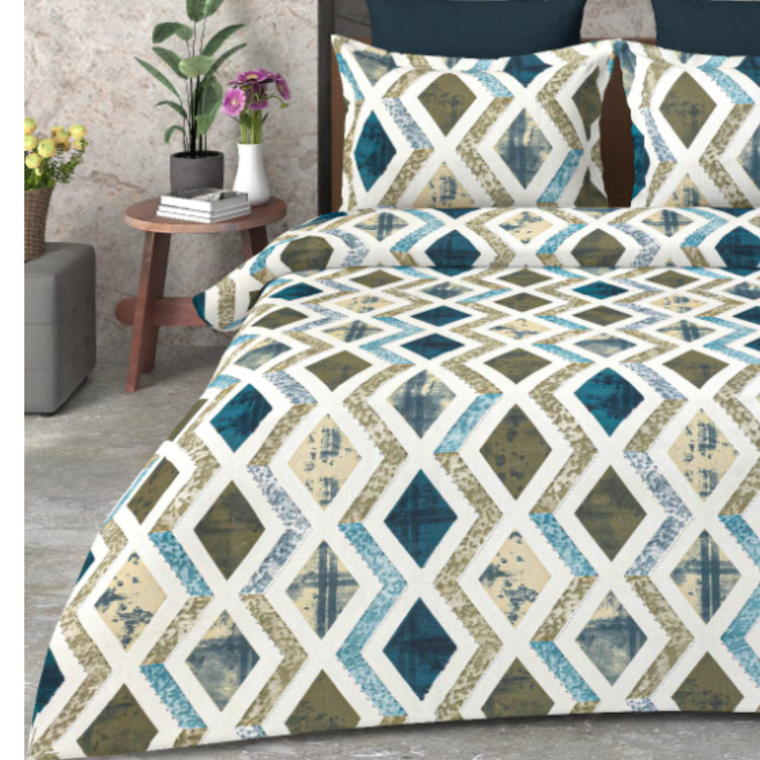 White & Blue Geometric-Printed Double Bedsheet with 2 Pillow Covers