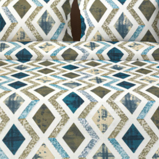 White & Blue Geometric-Printed Double Bedsheet with 2 Pillow Covers