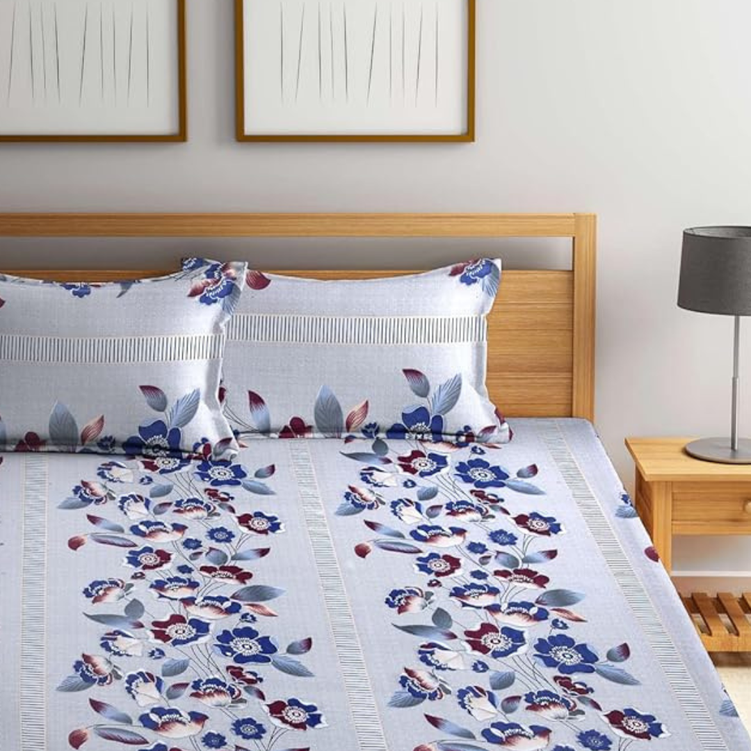 Multi Floral Elastic fitted Cotton Blend Double Size Bedsheet with 2 Pillow Cover