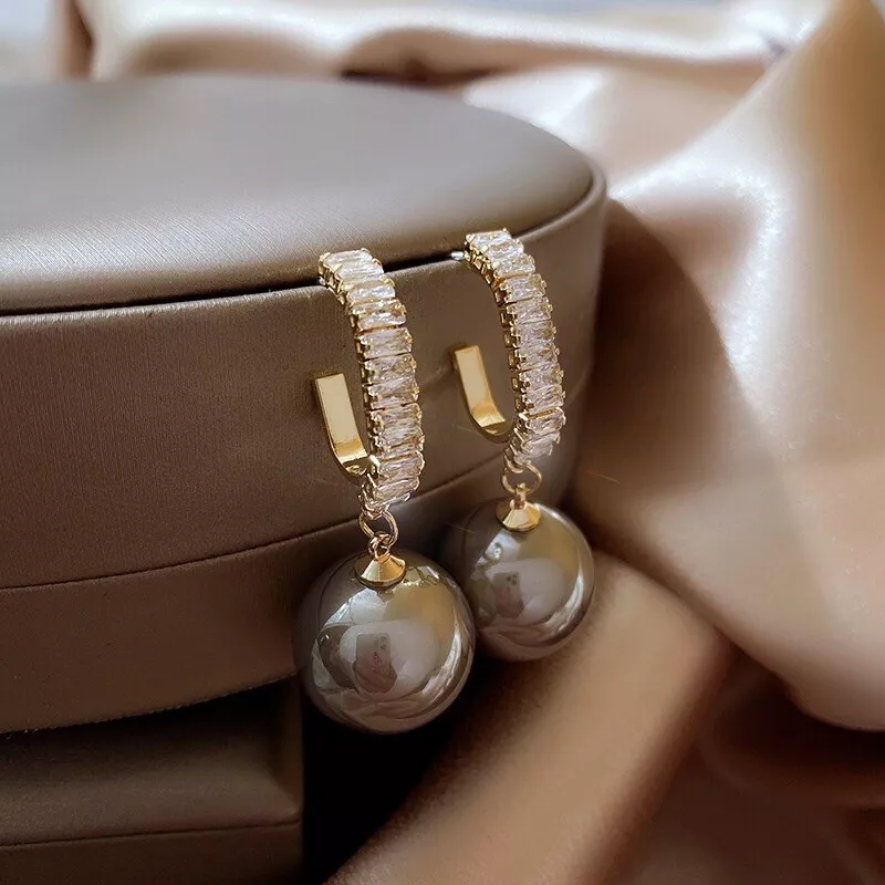 Elegant Korean Style Pearl Drop Earrings with Crystal-Encrusted Hoops
