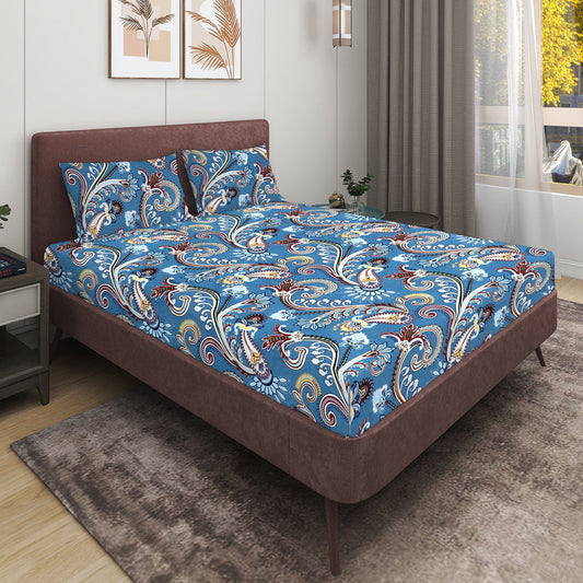 Blue Paisley Elastic Fitted Bedsheet  with 2 Pillow Covers