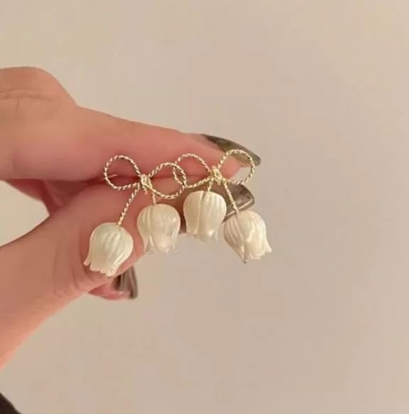 Korean Bow White Tulip Sweet Flower Earrings & Studs For Women And Girls
