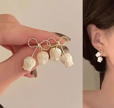 Korean Bow White Tulip Sweet Flower Earrings & Studs For Women And Girls