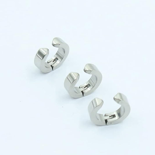Silver Clip-on Press Unisex Stud Non-Piercing Hoop Earrings for Men