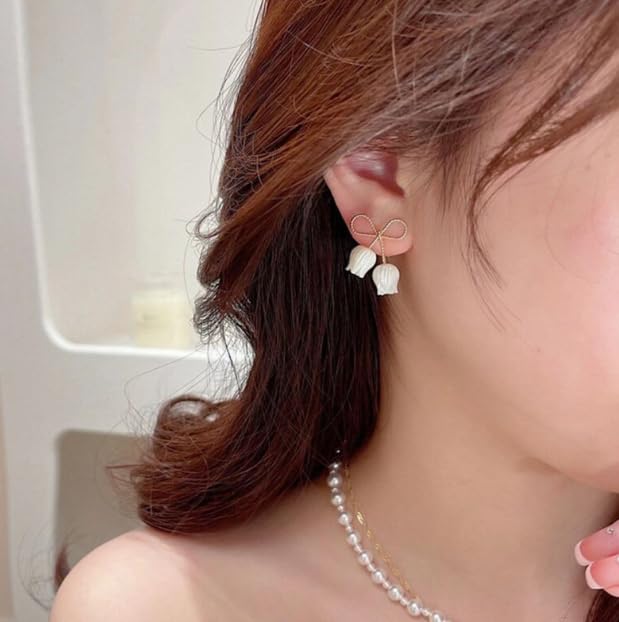 Korean Bow White Tulip Sweet Flower Earrings & Studs For Women And Girls