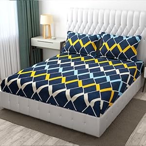 Navy Blue Geometric Elastic fitted Bedsheet with 2 Pillow Covers