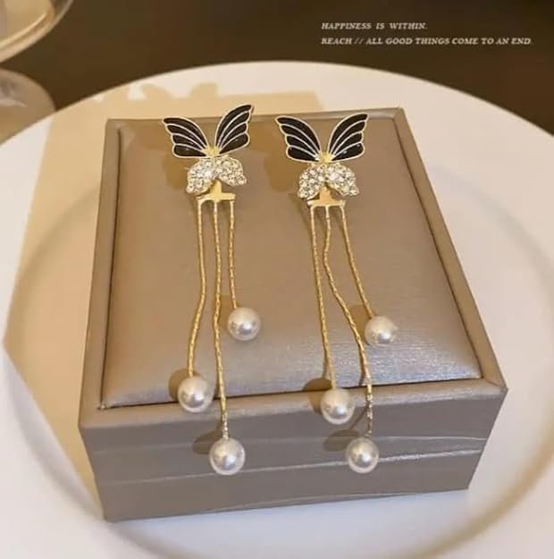 Black Colour butterfly With Pearl Korean earring