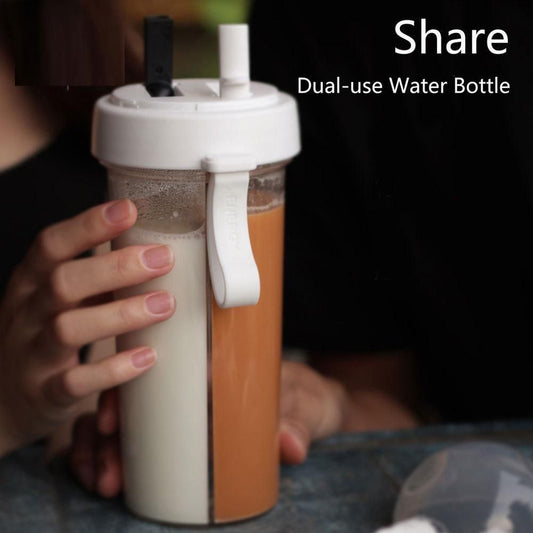 Bottle-Portable Dual Straw Separate Drink Water Beverage Bottle