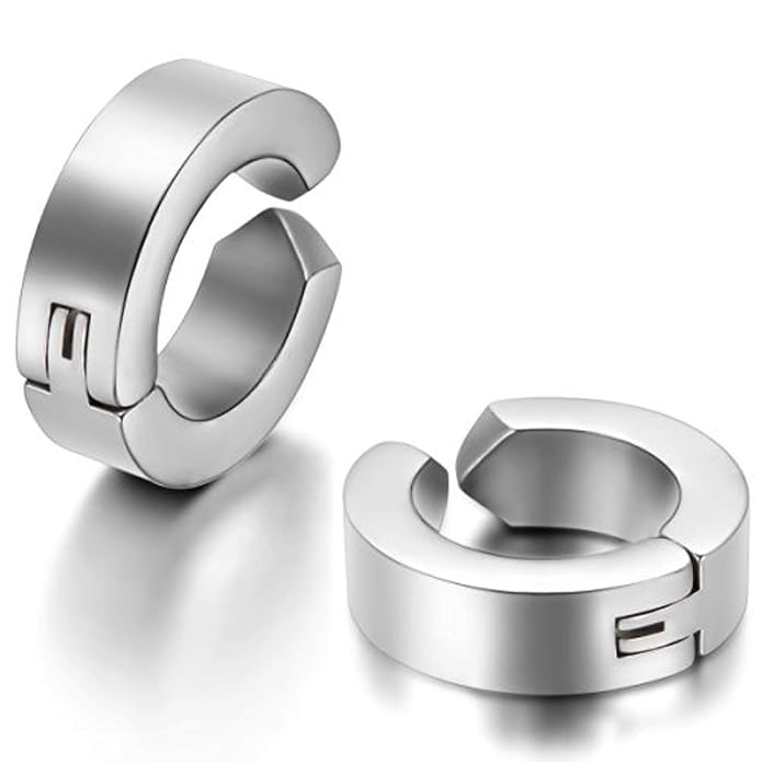 Silver Clip-on Press Unisex Stud Non-Piercing Hoop Earrings for Men