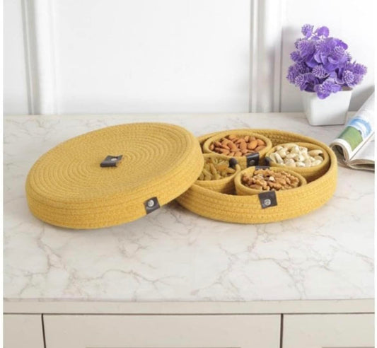 Most Viral Natural Cotton Rope Dryfruit Storage Tray with 4 Bowls Set (Yellow Shade)
