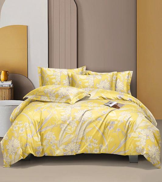 Premium Quality Yellow Floral King Size Double Bed Elastic Fitted Premium Bedsheet